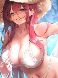 1girls aqua_eyes azur_lane bare_shoulders belly belly_button big_breasts bikini bikini_top blue_eyes blue_sky breasts brown_headwear cleavage cloud collarbone female female_focus female_only glasses hair_between_eyes hat hi_res high_resolution large_penis leaning_forward liaowen light-skinned_female light_skin long_hair looking_at_viewer looking_over_eyewear looking_over_glasses looking_over_sunglasses navel official_alternate_costume only_female orange-tinted_eyewear red_hair sky solo solo_female solo_focus stomach straw_hat sunglasses surcouf_(azur_lane) surcouf_(loisirs_balneaires)_(azur_lane) swimsuit teeth teeth_showing tinted_eyewear white_bikini