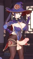 1futa 3d balls big_breasts breasts cleavage erection futa_only futanari genshin_impact large_breasts looking_at_viewer mona_(genshin_impact) penis solo stalkek testicles thick_thighs tight_clothing