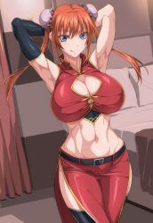 aged_up armpits arms_up bare_midriff big_breasts black_legwear black_thighhighs blue_eyes bun_cover chinese_clothes cleavage cleavage_cutout cowboy_shot curvy double_bun female female_only gintama hands_behind_head hourglass_figure huge_breasts kagura_(gintama) long_hair looking_at_viewer official_alternate_costume orange_hair ozucat side_slit single_glove sleeveless_shirt smile solo straining_buttons thighhighs tight_clothing twintails wide_hips