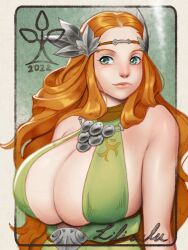 1girls big_breasts breast_bulge breasts circlet cleavage cleavage_overflow dress exposed_shoulders female final_fantasy final_fantasy_xiv goddess green_eyes huge_breasts large_breasts lilirulu long_hair necklace nophica orange_hair portrait veins