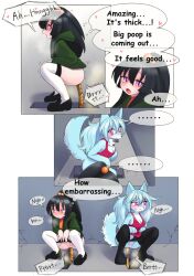 anthro anus ass black_hair blue_hair blush bottomless canid canine canis clothed clothing crouching desperation duo english_text fart feces female genitals hair human mammal panties panties_down partially_clothed pink_eyes pussy red_eyes scat scat_desperation spread_legs spreading squat_toilet text toilet_use underwear underwear_down unoroute wolf