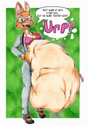 after_vore anthro belly big_belly burping dialogue diane_foxington dreamworks eyewear female female_pred glasses hi_res killboo oral_vore same_size_vore solo speech_bubble stomach_bulge the_bad_guys vore