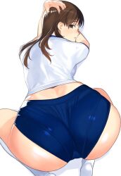 all_fours ass ass_focus back back_view bangs blue_buruma blush brown_eyes brown_hair brunette bubble_ass bubble_butt buruma commentary_request dat_ass female from_above gym_shirt gym_uniform hand_on_head hand_on_own_head idolmaster idolmaster_cinderella_girls kneehighs light-skinned_female long_hair looking_at_viewer looking_back mibu_natsuki nitta_minami no_shoes open_mouth panties panties_under_buruma pantylines schoolgirl shiny_skin shirt short_sleeves simple_background socks solo sweat thick_ass top-down_bottom-up underwear white_background white_shirt white_socks