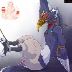 anal_beads anthro arms_tied avian beak blue_body blue_feathers blush bondage bound braided_hair braided_ponytail breath_of_the_wild collar dildo feathers green_eyes hair kusachi leash male male/male muzzle_(object) muzzled nintendo nude revali rito rope sex_slave sex_toy the_legend_of_zelda video_games yellow_beak