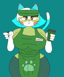 2022 4_fingers barista blue_hair breasts cat_ears coffee_cup color drmasondark eyes_half_open female female_focus female_only frown furry glasses hat holding_cup holding_object iced_latte_with_breast_milk karen_(smg4) meme nametag pen smg4 speech_bubble thick_eyebrows whiskers white_body white_skin yellow_glasses