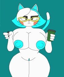 2022 4_fingers barista blue_hair blue_nipples blue_pussy breasts cat_ears coffee_cup color drmasondark eyes_half_open female female_focus female_only frown furry glasses headphones holding_cup holding_object iced_latte_with_breast_milk karen_(smg4) meme nametag nipples nude pen smg4 speech_bubble thick_eyebrows vagina whiskers white_body white_skin yellow_glasses