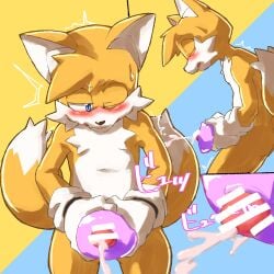 1:1 2_tails anthro black_nose blush bodily_fluids canid canine censor_bar censored clothing cum cumshot ejaculation erection fox fur genital_fluids genitals glans gloves handwear hi_res ineffective_censorship japanese_text jimnydaisuki male mammal motion_lines multi_tail one_eye_closed penetrable_sex_toy penetration penile penile_penetration penis sega sex sex_toy simple_background solo sonic_(series) sonic_the_hedgehog_(series) sweat tails text white_body white_fur yellow_body yellow_fur