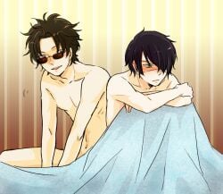 2boys after_sex blanket blush class_3-z completely_nude crossed_arms dark_hair embarrassed eye_patch gay gintama hair_over_one_eye looking_at_another looking_away male male_only messy_hair nude sakamoto_tatsuma sitting smile sunglasses takasugi_shinsuke yaoi