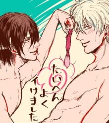 2boys after_sex bandages blush condom filled_condom gay gintama gintoki_sakata looking_at_another male male_only nude profile reinosuke smile sweat takasugi_shinsuke upper_body used_condom yaoi