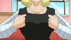 android_18 animated black_shirt blonde_hair bouncing_breasts dragon_ball female_only funsexydragonball gif large_breasts nipples no_bra short_hair solo solo_focus torn_clothes torn_clothing torn_shirt