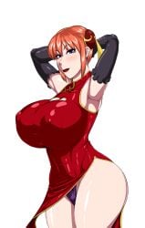 aged_up armpits arms_up big_breasts black_gloves blue_eyes bun_cover china_dress chinese_clothes double_bun elbow_gloves female female_only gintama gloves hair_ornament hands_behind_head huge_breasts kagura_(gintama) lipstick looking_at_viewer makeup ml nipple_bulge official_alternate_costume orange_hair panties purple_panties red_dress red_lipstick side_slit smile solo thick_thighs tight_clothing upskirt wide_hips