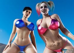 2girls 3d abs batman_(series) beach big_breasts bikini black_hair blender blonde_female blonde_hair breasts catwoman catwoman_(injustice) cleavage dc dc_comics domination female harley_quinn harley_quinn_(injustice) injustice_2 large_breasts lipstick looking_at_viewer makeup pale-skinned_female pale_skin selina_kyle short_hair swimsuit tattoo theafterlife twintails