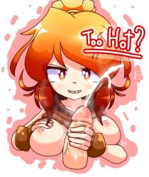 breasts cum cumshot female fire fire_peashooter_(pvz) gijinka handjob koishiko_(artist) looking_at_viewer nipples orange_eyes orange_hair penis plants_vs_zombies tagme tagme_(character)