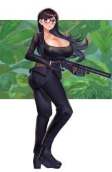 asian asian_female beauty_mark big_ass big_breasts black_clothing black_hair breasts eyewear female footwear full_body fully_clothed glasses gun light-skinned_female light_skin long_hair minakata_hizuru mole mole_under_mouth shotgun summertime_render thick_thighs tkg tkgoishi violet_eyes weapon