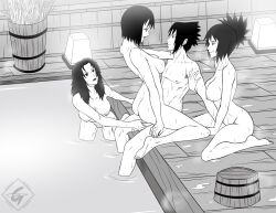 1boy 3girls adult age_difference assisted_sex bathhouse big_breasts breasts bucket cowgirl_position foursome gerardosteel harem indoors kneeling kurenai_yuhi long_hair male/female mature mature_female mitarashi_anko mixed_bathing monochrome multiple_girls naked naruto naruto_(series) naruto_shippuden older_female partially_submerged perky_breasts pussy sasuke_uchiha sex shared_bathing shizune sitting steam teenager uchiha_sasuke uncensored voluptuous water wooden_floor younger_male yuuhi_kurenai