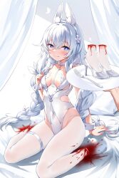 absurd_res amputee animal_humanoid blood blush bodily_fluids braided_hair clothing collar cross_pupils devil_heavens disability female food food_fetish food_play footwear gore guro hair hi_res high_heels humanoid inner_ear_fluff le_malin_(azur_lane) legwear stockings tuft twin_braids twintails white_clothing white_hair white_legwear white_stockings