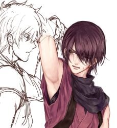 2boys arm_grab arm_up armpit armpit_fetish blush colored_sketch dark_hair embarrassed gay gintama gintoki_sakata hair_over_one_eye japanese_text male male_only purple_hair reinosuke sleeveless sweatdrop takasugi_shinsuke upper_body yaoi