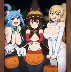 2d 3girls afrobull alternate_costume aqua_(konosuba) big_breasts blonde_hair blue_hair breasts brown_hair darkness_(konosuba) female female_only halloween halloween_costume kono_subarashii_sekai_ni_shukufuku_wo! light-skinned_female light_skin long_hair medium_breasts megumin multiple_girls pale-skinned_female pale_skin pov small_breasts stockings witch_hat