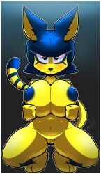 absurd_res animal_crossing ankha ankha_(animal_crossing) anthro big_breasts blue_body blue_fur breasts domestic_cat egyptian felid feline felis female fur hi_res mammal nintendo simple_background solo spread_legs spreading video_games wolito yellow_body