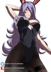 1girls alternate_costume animal_ears arm_behind_head armpits breasts bunny_ears bunny_girl bunnysuit camilla_(fire_emblem) cleavage excaliblader fake_animal_ears female female_only fire_emblem fire_emblem_fates from_below hair_over_one_eye highres large_breasts leotard lips long_hair nintendo pantyhose patreon_username pink_lips playboy_bunny purple_eyes purple_hair rabbit_ears solo twitter_username underboob very_long_hair