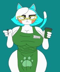 2022 4_fingers barista blue_hair breasts cat_ears coffee_cup color drmasondark eyes_half_open female female_focus female_only frown furry glasses holding_cup holding_object iced_latte_with_breast_milk karen_(smg4) meme nametag nude pen smg4 speech_bubble thick_eyebrows whiskers white_body white_skin yellow_glasses