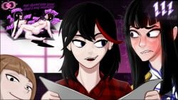 !!! 3girls biting_own_lip black_hair blue_eyes blush brown_hair daftszeller egg_cell embarrassed female_fertilization implied_masturbation impregnation incest indoors kill_la_kill kiryuuin_satsuki looking_at_each_other looking_at_own_porn looking_to_the_side mankanshoku_mako matoi_ryuuko open_mouth ovum reading reading_pornography red_highlights sisters smirk text tribadism yuri