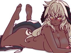 :< absurdly_long_hair ass back barefoot black_horns black_tail blonde_hair blush breasts closed_mouth colored_eyelashes completely_nude crossed_arms dark-skinned_female dark_skin diamond-shaped_pupils diamond_(shape) dragon_girl dragon_horns dragon_tail feet feet_up female from_side full_body hair_between_eyes hair_over_shoulder highres honkai_(series) honkai_impact_3rd horns huge_ass large_breasts large_tail legs legs_up long_hair looking_at_viewer lying messy_hair nahralab_(honkai_impact) nipples nude on_stomach raised_eyebrows sideboob sidelocks soles solo symbol-shaped_pupils tail thatpervtako thick_thighs thighs very_long_hair white_background yellow_eyes
