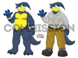 1boy 3_toes 4_fingers belt blue_body blue_fur buttondrop_(regretevator) character_sheet chubby clothed commission completely_nude cvinodor cyan_eyes fur genitals hoodie male male_only mastectomy_scar no-human no_human no_humans non-human non-human_only nude pants paws penis presenting presenting_penis regretevator retracted_foreskin roblox roblox_game simple_background solo teal_eyes top_surgery_scars unknown_species watermark yellow_face yellow_markings