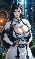 ai_art ai_generated black_hair brunhilde_(shuumatsu_no_valkyrie) green_eyes hair_ornament huge_breasts long_sleeves mature_female pendant record record_of_ragnarok shuumatsu_no_valkyrie tensor_art thicc thick_thighs white_dress wide_hips
