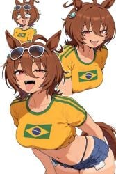 1girls agnes_tachyon_(umamusume) ahe_gao brazil brown_hair cute dm_369_dm female glasses horse horse_ears horse_girl jean_shorts lustful_gaze petite pockets red_eyes red_pupils shorts slim solo sunglasses tail tongue_out tounge_out umamusume umamusume_pretty_derby underwear white_sunglasses