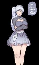 1girls annoyed ashleyblaze_(editor) black_background clothed dress edit female jlullaby large_breasts light_skin rwby solo speech_bubble thick_thighs third-party_edit weiss_schnee white_hair wide_hips