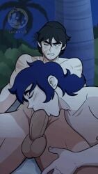 2boys animated artist_name balls black_hair blue_hair blush closed_eyes disventure_camp gay jake_(disventure_camp) loop luckylui male male_focus male_only muscular muscular_arms muscular_male nipples odd_nation_cartoons one_eye_closed oral pecs pectorals penis scar testicles text tom_(disventure_camp) watermark yaoi