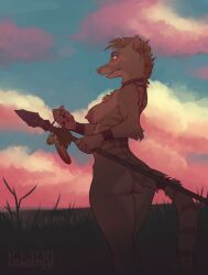 2023 5_fingers anthro areola artist_logo ass biped breasts casual_nudity chest_tuft claws ear_piercing eyebrow_piercing eyebrows facial_piercing female finger_claws fingers fur gauged_ear hair hi_res hyaenodon hyaenodontid kalahari logo mammal melee_weapon nature nipples nude nude_anthro nude_female outdoor_nudity outside piercing polearm prehistoric prehistoric_species solo spear standing tail tribal tuft weapon