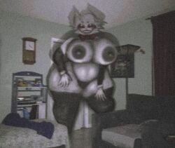 2025 anthro armwear big_breasts big_smile bikini_bottom breasts_bigger_than_head catgirl dark_room eyeshadow feline_humanoid female female_focus flashlight fur furry giantess grin guhg_kemon house huge_breasts makeup massive_thighs mixed_media monster monster_girl nightmare_waifu sharp_teeth smile thick_thighs thighhighs toothy_grin white_fur