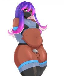 animal_humanoid armwear balls belly blue_eyes bodysuit cephalopod cephalopod_humanoid chastity_cage chastity_device clothed clothing digital_media_(artwork) elbow_gloves face_mask genitals gloves gradient_hair hair hands_behind_back handwear hi_res humanoid latex latex_armwear latex_clothing latex_legwear latex_thigh_highs legwear male marine marine_humanoid metal_chastity_cage mollusk mollusk_humanoid muffin_top octopus_humanoid penis pink_hair pseudo_hair purple_hair skinsuit slightly_chubby solo suelix tentacle tentacle_hair thick_thighs thigh_highs tight_clothing tights