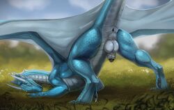 animal_genitalia anus ass ass_up balls black_anus black_penis blue_body blue_scales darlsol' dragon feral genitals grass hi_res horn male mythological_creature mythological_scalie mythology penis perineum plant presenting presenting_anus scales scalie sheath solo ventral_scales white_horn