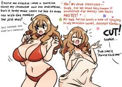 1girls 2025 acting belly_button big_breasts blanket breasts covering_self cute dark_blonde_hair flower flowers hair_between_eyes hand_on_breast hand_on_own_breast hips humor midriff mob_face murgoten navel oc open_mouth porn_shoot porn_star red_swimsuit simple_background simple_eyes simple_face speaking speech swimsuit talking talking_to_another text thick_thighs thighs white_background