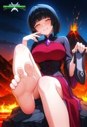 ai_generated black_hair blush dress dress_lift eyebrows_visible_through_hair eyeshadow fair-skinned_female feet female foot_fetish foot_worship highres lava light-skinned_female logo looking_at_viewer mature_female mature_woman mayethikayian_(species)_(the_legendary_tauran'creima) obscured_pussy orange_eyes original original_character outside painted_nails pale-skinned_female pov_feet sacredcourage self_upload serenadia_addelbeen_(the_legendary_tauran'creima) serenity_addlebeen_(the_legendary_tauran'creima) shadowrealmarts shoes_removed short_hair smiling_at_viewer soles solo_female stable_diffusion the_legendary_tauran'creima toes volcano voluptuous_female