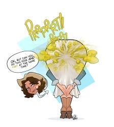 alternate_version_available bent_over brown_hair dress fart fart_cloud fart_fetish farting farting_at_viewer oddtenn reese_(oddtenn) simple_background thick_ass