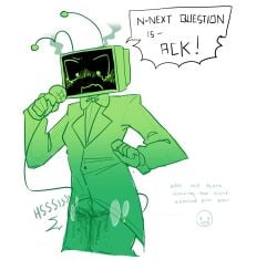 1girls blush dandy's_world dandys_world dialogue female green_body green_clothing hi_res looking_down omorashi peeing quhikko roblox roblox_game tagme toony tv tv_head tv_screen vee_(dandy's_world)