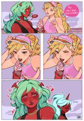 ... 3girls blonde_hair blue_eyes breasts cleavage comic crop_top english_text female/female female_only green_hair horns ice_cream ice_cream_cone implied_yuri kamii_momoru kneesocks_daemon naughty_face panty_&_stocking_with_garterbelt panty_anarchy pearl_necklace plunging_neckline ponytail red_skin scanty_daemon sexually_suggestive small_breasts tongue_out visor_cap wink