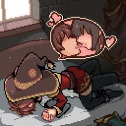1boy 1girls 2d animated artist_request big_hat clothed clothed_sex digital_media female handholding holding_hands kissing_while_penetrated kono_subarashii_sekai_ni_shukufuku_wo! konosuba loop male megumin no_sound riding riding_penis satou_kazuma source_request straight tagme tongue tongue_kiss video