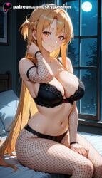1girls 2025 ai_assisted ai_generated anime artist_name asuna_(sao) bed big_breasts big_chest black_bra blush bra braid breast breasts brown_hair bust busty cage chain-link_fence chest crescent_moon explicit female fishnet_bodysuit fishnet_gloves fishnet_legwear fishnets full_moon hi_res high_quality high_resolution highres indoors lamp large_breasts long_hair looking_at_viewer moon moonlight navel net night night_sky ninja on_bed open_window panties pantyhose patreon patreon_username pillow racket round_window shouji sitting sky skyline skypassion skyscraper smile solo spider_web_print stable_diffusion star_(sky) starry_sky sword_art_online tennis_racket underwear watermark window yuuki_asuna