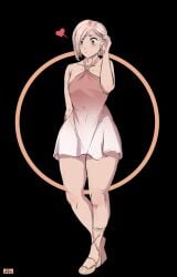 1boy aroused ashleyblaze_(editor) ballet_slippers bare_legs bare_shoulders black_background clothed cute dress edit femboy flat_chest hand_in_hair heart jlullaby pink_dress pink_hair solo thick_thighs third-party_edit wide_hips