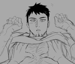 big_pecs dark_hair hairy_chest kagurabachi kunishigay kunishige_rokuhira shirt_lift solo_male squeezing surprised