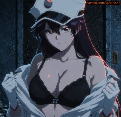 accurate_art_style ai_generated bambietta_basterbine black_bra black_eyes black_hair bleach bleach:_the_thousand-year_blood_war bow bow_bra bra breasts cleavage closed_mouth collarbone female gloves hair_between_eyes hat large_breasts long_hair looking_at_viewer military_hat military_jacket open_clothes patreon_username peaked_cap shirt smile solo spasibo15 underwear undressing uniform upper_body white_gloves white_headwear