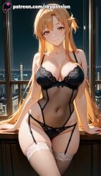 1girls 2025 ai_assisted ai_generated anime arm_support artist_name asuna_(sao) bangs bare_shoulders big_breasts big_chest blonde_hair blush bookshelf bra braid breast breasts bust busty chest city city_lights cityscape cleavage collarbone covered_navel explicit eyebrows_visible_through_hair female garter_belt garter_straps hi_res high_quality high_resolution highres indoors lace_trim large_breasts lingerie long_hair looking_at_viewer navel night panties patreon patreon_username sitting skyline skypassion smile solo stable_diffusion sword_art_online thighhighs thighs underwear watermark white_legwear yuuki_asuna