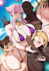 1boy 3girls abs ai_generated ass balls bare_arms bare_breasts bare_legs bare_shoulders bare_thighs big_ass big_breasts big_butt big_penis bikini bikini_top black_hair blonde_hair blue_eyes blush brown_eyes brown_hair cammy_white capcom chun-li color female hand_on_butt hi_res huge_cock large_breasts licking licking_penis light-skinned_female light_skin looking_at_viewer looking_pleasured male male/female manon_legrand massive_penis minority muscles muscular muscular_male nipples nude nude_female nude_male pink_eyes pussy short_hair street_fighter street_fighter_6 thick_thighs veiny_penis