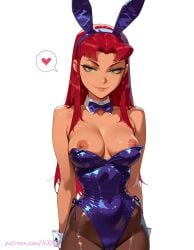 ai ai_art ai_generated animal_ears arms_behind_back bare_shoulders blue_leotard bow bowtie breasts breasts_out brown_pantyhose cameltoe closed_mouth collarbone covered_navel cowboy_shot dc_comics detached_collar fake_animal_ears female green_eyes heart highleg highleg_leotard koriand'r large_breasts leotard leotard_pull long_hair looking_at_viewer medium_breasts nipples orange_skin pantyhose patreon_username playboy_bunny purple_bowtie purple_leotard rabbit_ears red_hair seductive_smile shiny_clothes shiny_skin side-tie_leotard simple_background smile solo speech_bubble spoken_heart starfire strapless strapless_leotard tagme teen_titans white_background wrist_cuffs xxai