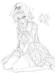 ahoge animal_ears blush bow bowtie braid braided_bangs braided_ponytail breasts chibi chibi_inset closed_eyes ears_down female greyscale hairband hand_between_thighs heart highres horse_ears horse_girl implied_masturbation implied_vibrator long_hair long_sleeves medium_breasts monochrome oguri_cap_(umamusume) on_ground open_mouth parted_lips pleated_skirt pussy_juice pussy_juice_puddle sailor_collar saliva saliva_trail school_uniform shoes simple_background sitting skindentation skirt solo super_creek_(umamusume) swept_bangs thighhighs tracen_school_uniform trembling tuwu_(user_yvte3782) umamusume very_long_hair wariza white_background zettai_ryouiki